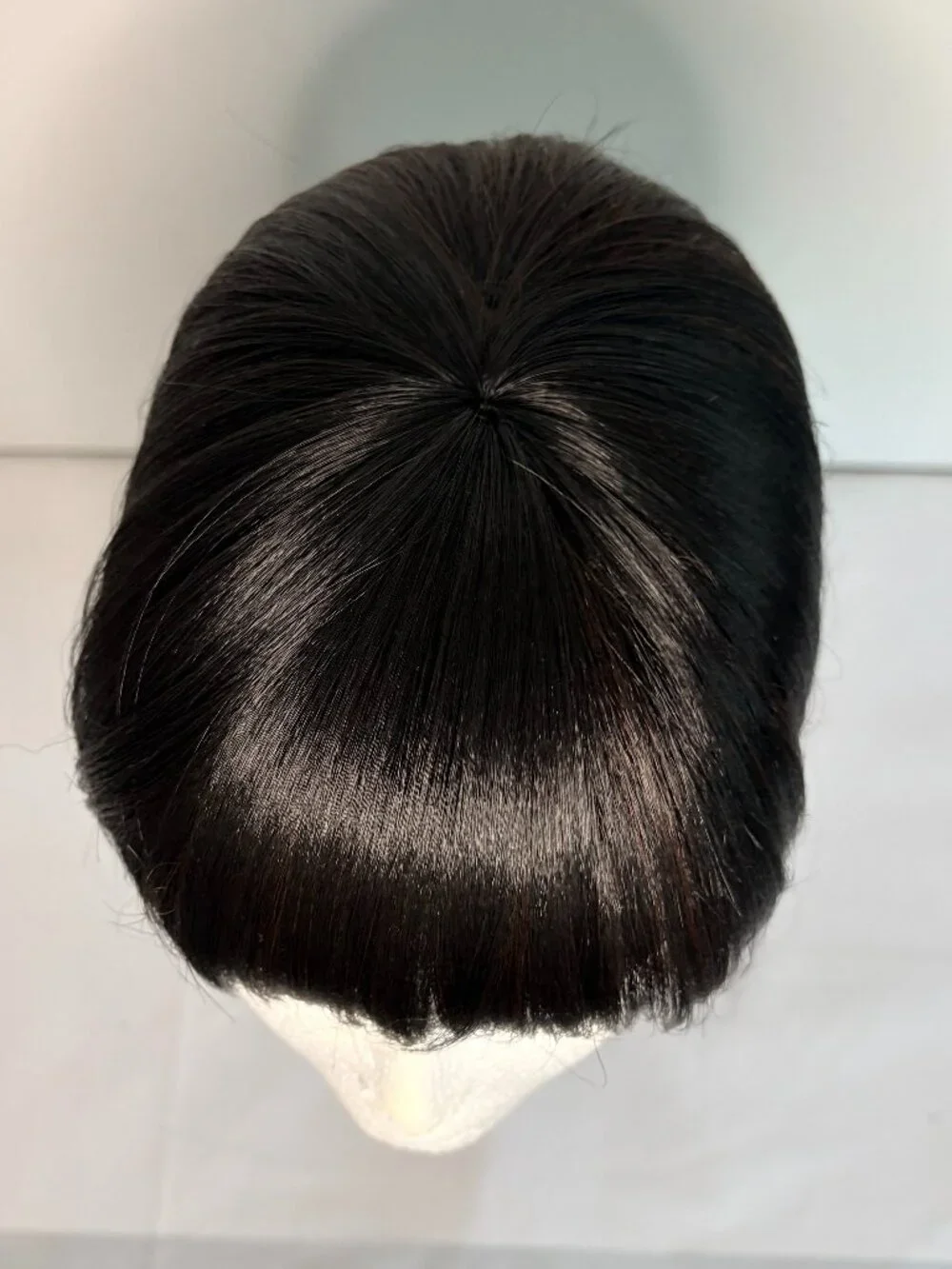 Blended Human Hair Wig – Straight Dark Brown Bob with Full Bangs – Shoulder Leng
